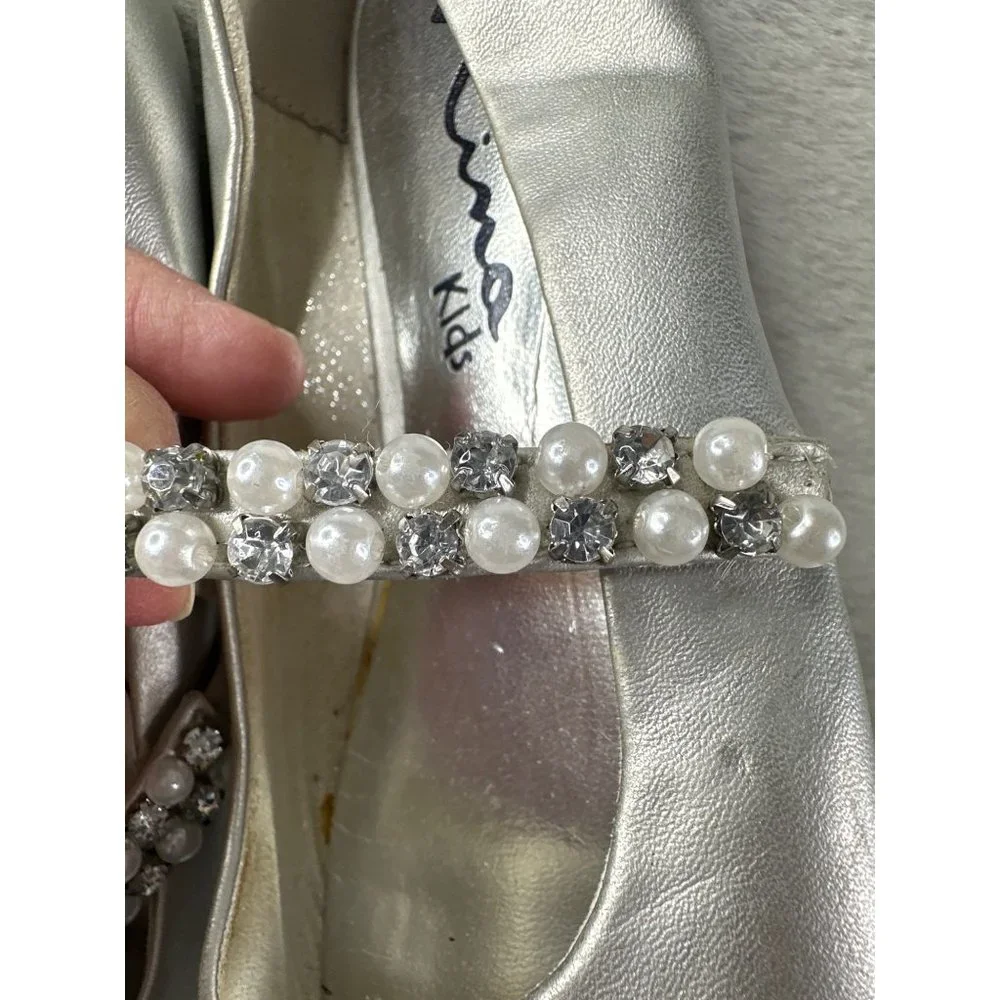 Nina Shoe Girls 2 Nataly Silver Nappa Leather Ballet Flat Dressy Metalic Pearl